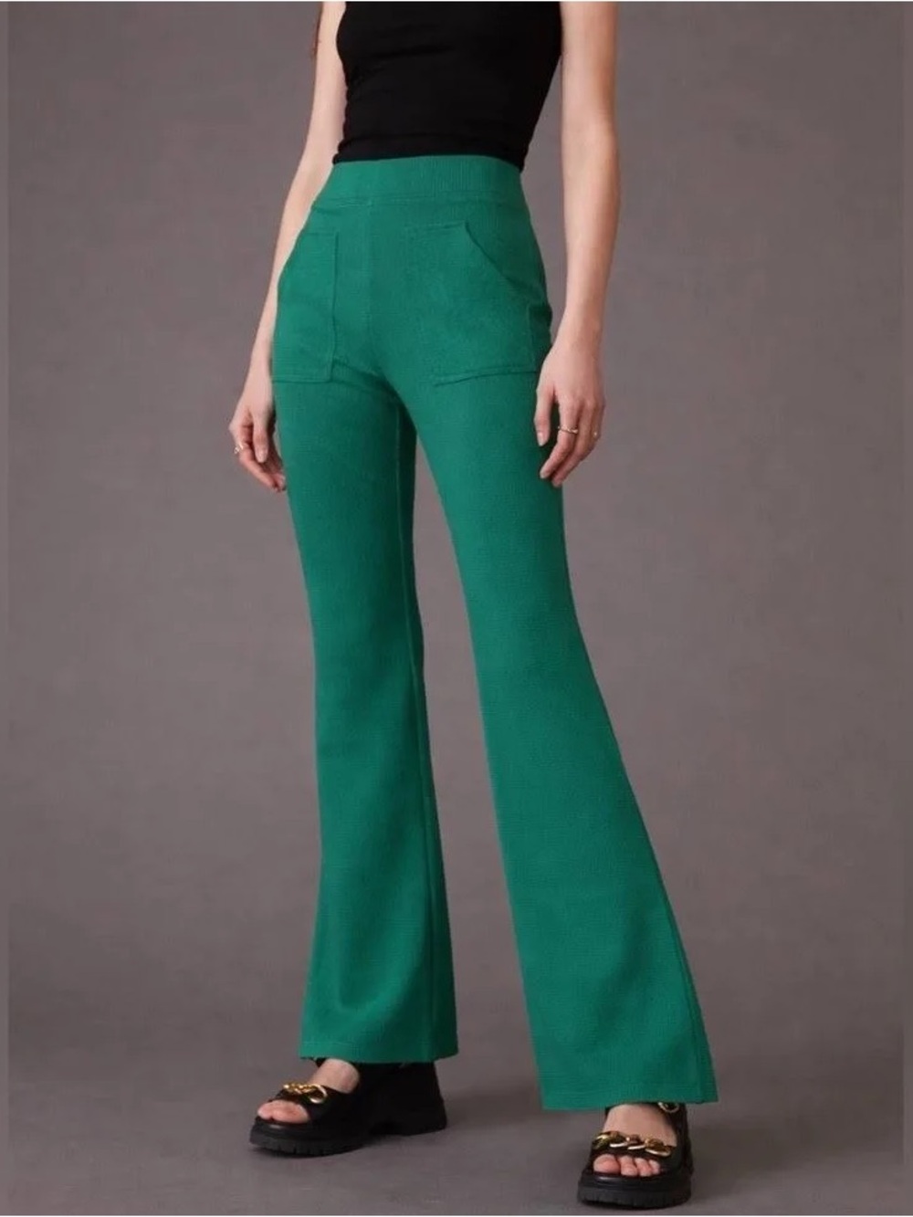 Anthropologie Maeve Pull On Knit Split Hem Flare Pants Emerald Green size XL